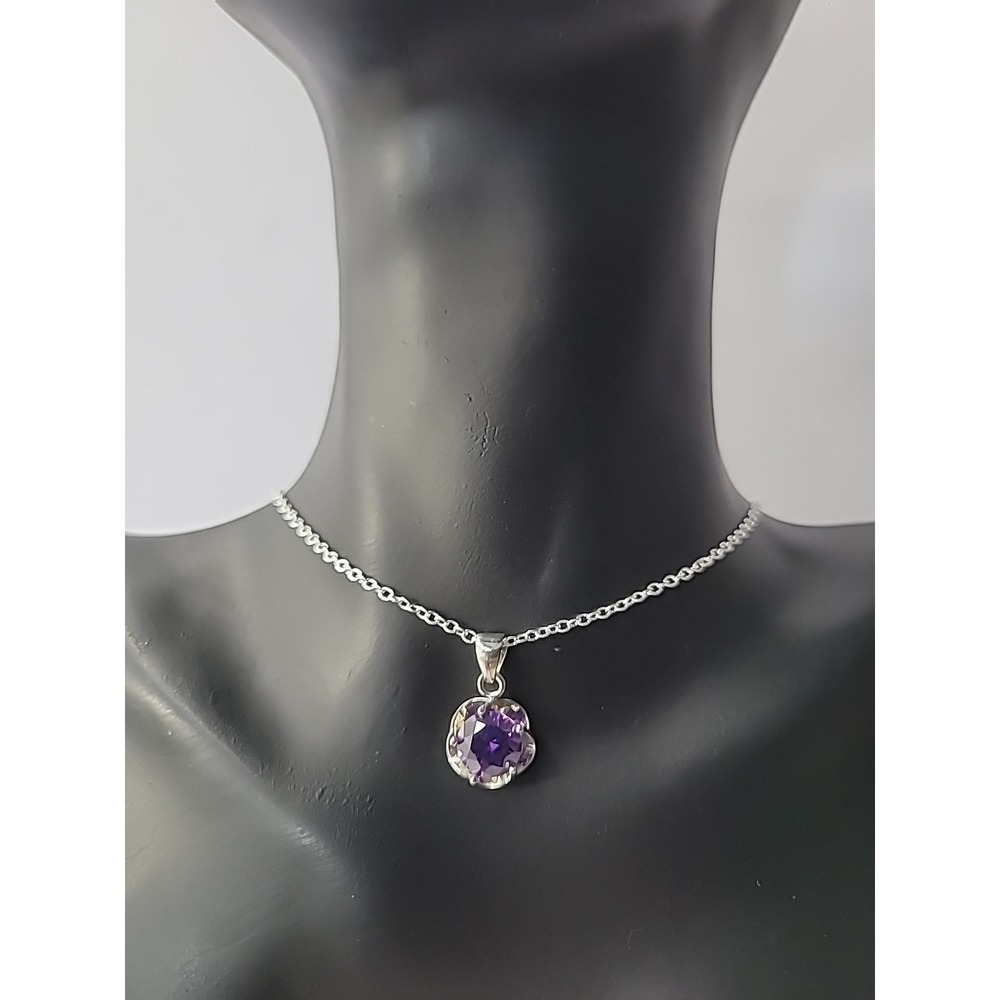 Vintage Necklace Silver Tone Chain Pendant Purple Crystal Jewelry Costume